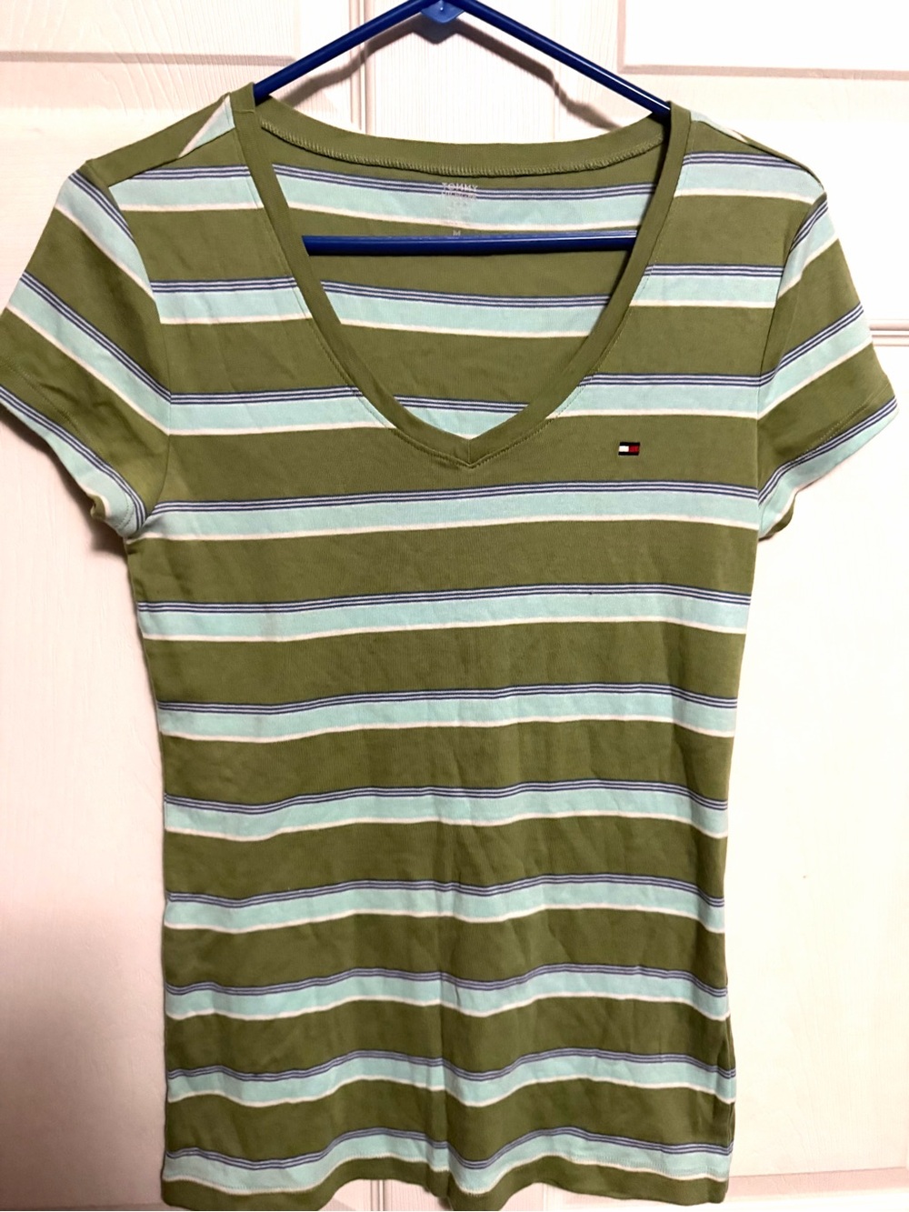 Tommy Hilfiger Olive and Light Blue Striped V-Neck Tee